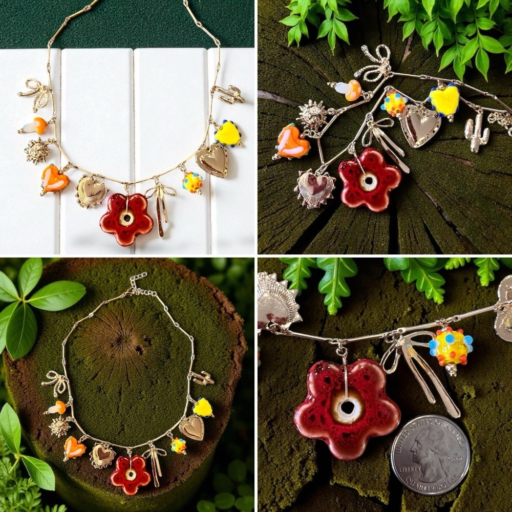 Vibrant Gold Toned Autumn inspired charm necklace Glass Ceramic Enamel charms - Picture 13 of 17